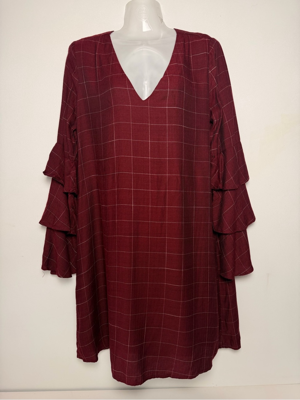 Gilli Burgundy Plaid Shift Dress V-Neck Ruffle Bell Long Sleeve Lined Size L